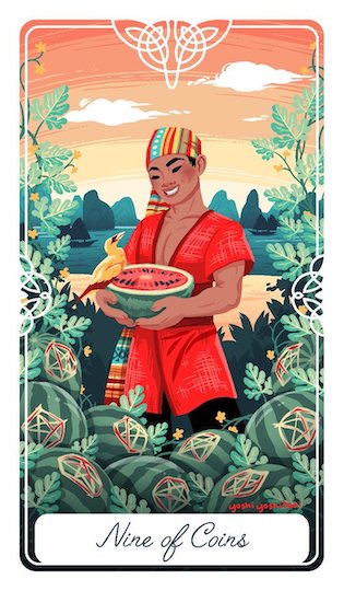 錢幣九：西瓜王子麥安鐵｜Tarot of the Divine 神聖塔羅（圖片來源：https://twitter.com/yoshisquared）